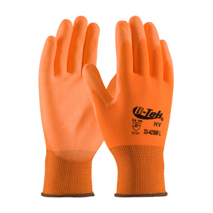 G-TEK® HI-VIS ORG SEAMLESS KNIT POLYESTER GLOVE WITH POLYURETHANE COATED FLAT GRIP ON PALM & FINGERS