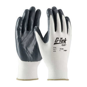 G-TEK® SEAMLESS WHITE KNIT NYLON GLOVE WITH GRAY NITRILE COATED SMOOTH GRIP ON PALM & FINGERS