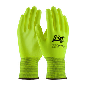 G-TEK® HI-VIS YEL SEAMLESS KNIT POLYESTER GLOVE WITH POLYURETHANE COATED FLAT GRIP ON PALM & FINGERS